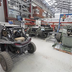 Robotic vehicles in the Carnegie Robotics facility in Lawrenceville.