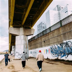 Graffiti can be seen on the walls near the river walk under the Fort Duquesne bridge ramp. The area is targeted for some upgrading this summer with plans for a public art installation.