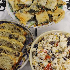Three feta-based dishes, Mediterranean Olive Bread, Healthy Spanakopita and Feta Salsa. 