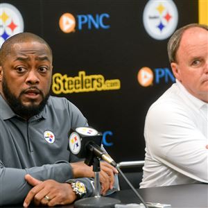 Steelers coach Mike Tomlin, left, and General Manager Kevin Colbert discuss the upcoming NFL Draft at the Steelers' headquarters on the South Side.
