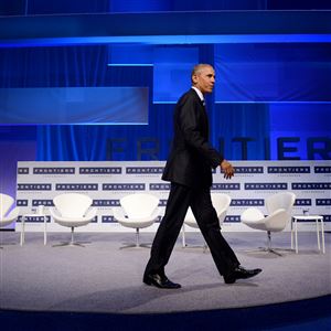 President Barack Obama walks off stage to interact with the audience at Frontiers Conference at Carnegie Mellon University on Oct. 13.  “The President coming here for the third time while in office to one university caught the attention of everyone, and not just here but overseas,” said CMU President Subra Suresh. 