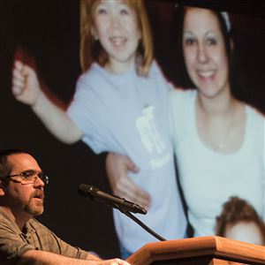 Lou Rainaldi speaks Wednesday about his niece, Amber Mersing, right, who was lost to drug addiction about a year ago, after a screening of “Chasing the Dragon: The Life of an Opiate Addict.” The documentary film telling the stories of real-life opioid addicts was shown at Baldwin High School in Whitehall as part of an effort to further educate students.