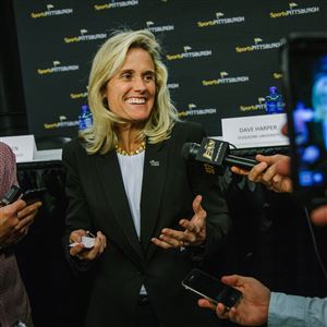 Pitt athletic director Heather Lyke speaks to reporters Wednesday at PPG Paints Arena.