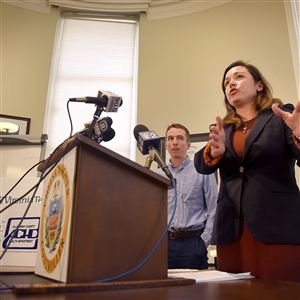 n a press conference Monday, Allegheny County Controller Chelsa Wagner said her office would audit the county health department’s practices to evaluate lead levels in children. She has challenged city and county officials who say lead levels in the water are concerning but not a crisis. Behind Ms. Wagner is Daniel Kusbit, analyst for the controller's office.
