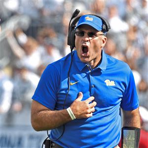 Pitt head coach Pat Narduzzi argues a call Saturday.