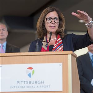Allegheny County Airport Authority CEO Christina Cassotis speaks during the Pittsburgh International Airport's growth announcement on Tuesday in Moon. Cassotis announced $1.1 billion was approved for reconfiguration.