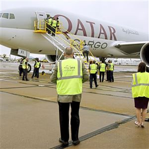 Qatar Airways Cargo's Boeing 777 sits on the tarmac near the Cargo Area at Pittsburgh International Airport for their first delivery to the Airport , thursday  October 12, 2017 in Moon Twps. 