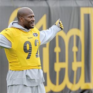 Steelers James Harrison stretches prior to the team practice on Friday, October 13, 2017 at UPMC Rooney Sports Complex. 