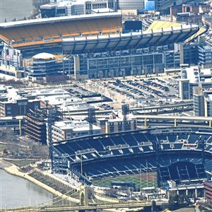 An aerial view of PNC Park and Heinz Field on the North Shore, April 2018