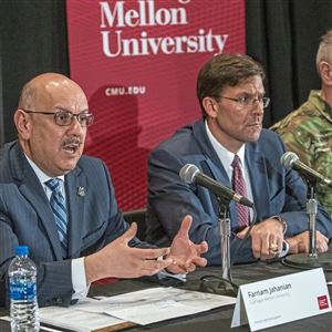 From left, Farnam Jahanian, Carnegie Mellon president, Mark Esper, the United States Secretary of the Army,  and General Mike Murray, Commanding General, Army Futures Command  during a press conference after the activation ceremony of U.S. Army Artificial Intelligence Task Force at Carnegie Mellon on Friday, Feb. 1, 2019, in Lawrenceville. 
