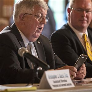 Indiana County Commissioner Rodney D. Ruddock, left, asks for help in getting broadband coverage to the digital dead zones in rural Pennsylvania. 