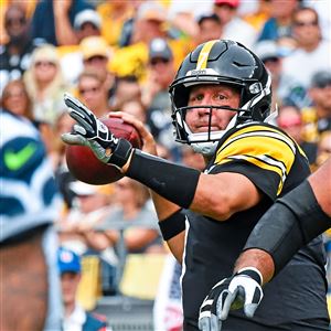 Pittsburgh Steelers fullback Derek Watt (44) is congratulated by linebacker  T.J. Watt (90) during the second half of an NFL football game against the  Buffalo Bills in Orchard Park, N.Y., Sunday, Sept.