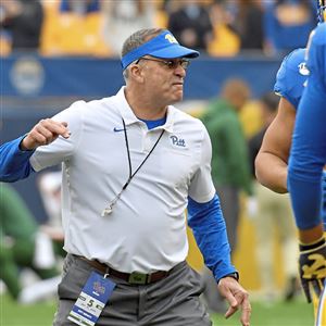 Pitt head coach Pat Narduzzi gets his team fired up before taking on Miami on Saturday, Oct. 26, 2019, at Heinz Field.