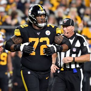 Pittsburgh Steelers fullback Derek Watt (44) is congratulated by linebacker  T.J. Watt (90) during the second half of an NFL football game against the  Buffalo Bills in Orchard Park, N.Y., Sunday, Sept.