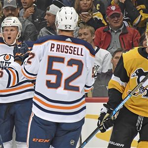 Oilers Colby Cave celebrates after scoring against the Penguins in the second period Saturday, Nov. 2, 2019, at the PPG Paints Arena, Uptown. 