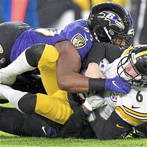 Ravens linebacker Matthew Judon sacks Steelers quarterback Devlin Hodges in the second quarter, Sunday, Dec. 29, 2019, at M&T Bank Stadium.