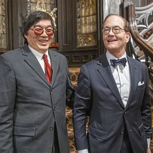 Otto Chu, left, and John Robinson Block at the Yale Club of Pittsburgh All-Ivy Plus Party on Thursday at the Mansions on Fifth in Shadyside.