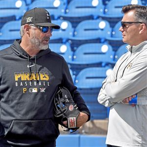 Pirates manager Derek Shelton talks with general manager Ben Cherington before taking on the Blue Jays on March 6, 2020, at TD Ballpark in Dunedin, Fla. 