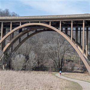 A man walks on the Nine Mile Run Trail — which passes under the Commercial Street Bridge — on March 9, 2020, in Squirrel Hill.