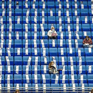 Students attend Professor Peggy Van MeterÕs education class in the 16,000-seat Bryce Jordan Center at Penn State University on Thursday, Oct. 8, 2020 in State College. (Andrew Rush/Post-Gazette) 