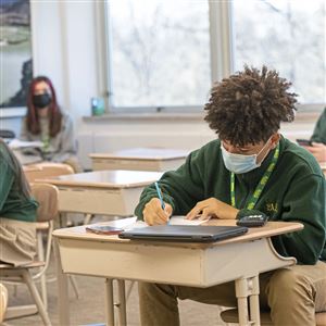 Freshman Nicholas Brown takes a pre-geometry pop quiz with his classmates on Wednesday, March 3, 2021, at Seton LaSalle Catholic High School in Mt. Lebanon.