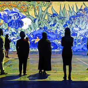 Members of the media check out Vincent Van Gogh's paintings of irises and other plants Oct. 7 during a preview of the Original Immersive Van Gogh on the North Side. 