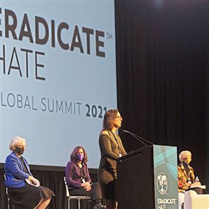 Michelle Rosenthal, the sister of Cecil and David Rosenthal who were murdered at the Tree of Life shooting speaks during the Eradicate Hate Global Summit at the David L. Lawrence Convention Center downtown Monday, Oct. 18, 2021 in Pittsburgh.