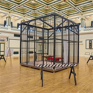 A reconstruction of the cage featured in the film "Silence of the Lambs" at Soldiers & Sailors Memorial Hall & Museum in Oakland. The movie will be screened there on Friday.