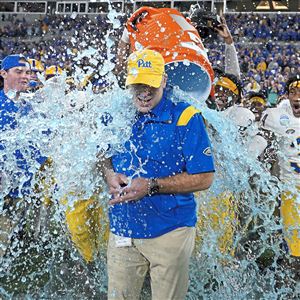 Pitt head coach Pat Narduzzi gets doused with Gatorade after defeating Wake Forrest in the ACC Championship game, Saturday, Dec. 4, 2021, at Bank of America Stadium. (Matt Freed/Post-Gazette)