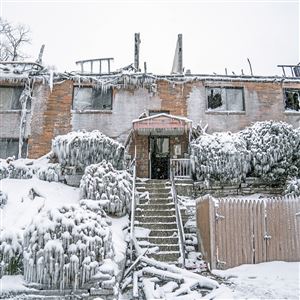 The aftermath of a fire that tore through the Rodi Arms Apartments in Penn Hills — leaving about 60 residents without a home — is photographed on Monday, Jan. 24, 2022.