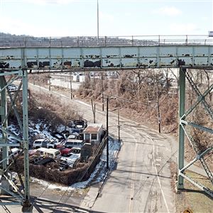 Aerial view of the Swinburne Bridge, Thursday, Feb. 10, 2022, in Greenfield.