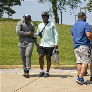 Pittsburgh Steelers wide receiver Hakeem Butler runs a drill during the NFL  football team's training camp in Latrobe, Pa., Saturday, July 29, 2023. (AP  Photo/Gene J. Puskar Stock Photo - Alamy