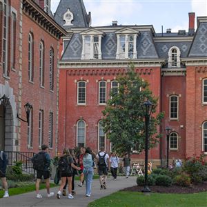 Students walking to class in Woodburn Circle at West Virginia University on Wednesday, Sept. 13, 2023, in Morgantown.