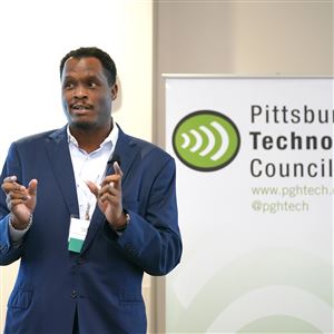 Claye Greene, CEO and President of TechBlue Inc, delivers a keynote speech  on leadership strategies at Pittsburgh TechFest, Friday, Sept. 22, 2023, in Homestead. 