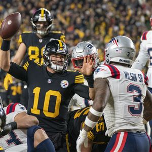 Pittsburgh Steelers quarterback Mitch Trubisky celebrates a touchdown against the New England Patriots at the Acrisure Stadium on Thursday, Dec. 7, 2023, in the North Shore. The New England Patriots won 21-18.