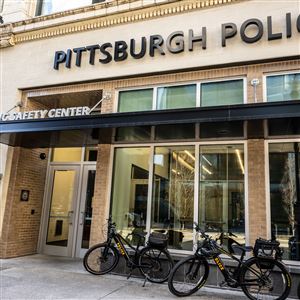 Pittsburgh police officers leave bicycles lined up outside of the Public Safety Center at 439 Wood Street Downtown on Thursday, Feb. 29, 2024. 
