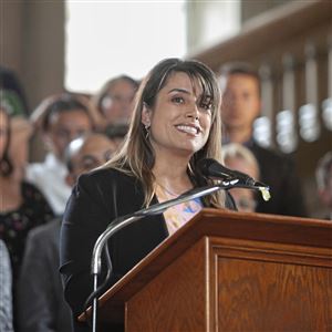 Allegheny County Executive Sara Innamorato speaks at the 500 in 500 press conference held at the Allegheny County Courthouse on Thursday June 6, 2024, Downtown.   