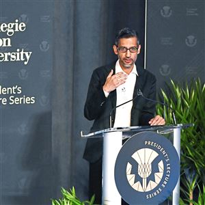 Google CEO Sundar Pichai speaks at the newly opened Highmark Center for Health, Wellness and Athletics at Carnegie Mellon University on Wednesday, Sept. 18 , 2024, part of the school’s President’s Lecture Series.  Mr. Pichai’s speech was titled “The AI Platform Shift and the Opportunity Ahead.”