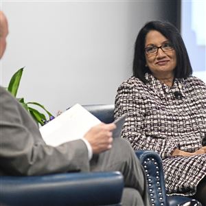 Penn State Schuylkill Chancellor Patrick Jones, left, interviews Penn State President Neeli Bendapudi, right,  during the Business Executive Forum presented by the Schuylkill Chamber of Commerce and sponsored by Penn State Schuylkill on Feb. 7, 2023.