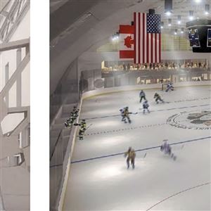 The proposal for the Hunt Armory includes over 100 parking spaces, 30,000 square feet of tenant space, a regulation NCAA ice rink (portrayed in the rendering on the right), a studio rink and classroom space.