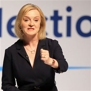Britain's Prime Minister Liz Truss, then-foreign secretary, speaks during a Conservative Party hustings event Aug. 9, 2022, in Darlington, northeast England.