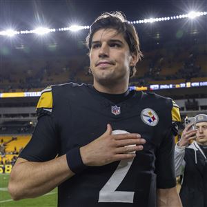 Pittsburgh Steelers quarterback Mason Rudolph (2) gestures while walking off the field after an NFL football game on Saturday, Dec. 23, 2023, in Pittsburgh.