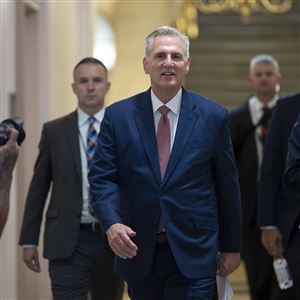 Speaker of the House Kevin McCarthy, R-Calif., arrives to meet with the House Republican Conference about launching an impeachment inquiry into President Joe Biden, at the Capitol in Washington, Thursday, Sept. 14, 2023. (AP Photo/J. Scott Applewhite)