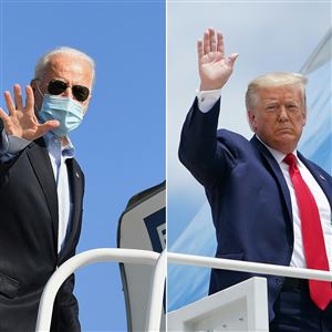 Democratic presidential candidate Joe Biden, left, waves as he boards his plane in New Castle, Del., on Oct. 22 while President Donald Trump boards Air Force One on May 30.