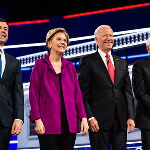 From left, Mayor Pete Buttigieg of South Bend, Ind., Sen. Elizabeth Warren (D-Mass.), former Vice President Joe Biden and Sen. Bernie Sanders (I-Vt.) take the stage before the start of the Democratic presidential debate in Atlanta, on Wednesday, Nov. 20, 2019. 