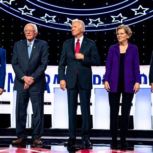 Candidates for the Democratic nomination for president take the stage for a debate at Otterbein University in Westerville, Ohio, on Tuesday, Oct. 15, 2019. From left: Sen. Kamala Harris (D-Calif.), Sen. Bernie Sanders (I-Vt.), former Vice President Joe Biden, Sen. Elizabeth Warren (D-Mass.) and Mayor Pete Buttigieg of South Bend, Ind. 