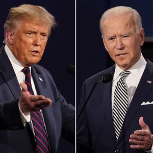 This combination of Sept. 29, 2020, photos shows President Donald Trump, left, and former Vice President Joe Biden during the first presidential debate at Case Western University and Cleveland Clinic, in Cleveland, Ohio.