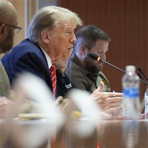 Republican presidential candidate and former President Donald Trump speaks Wednesday as he meets with members of the International Brotherhood of Teamsters at their headquarters in Washington. 