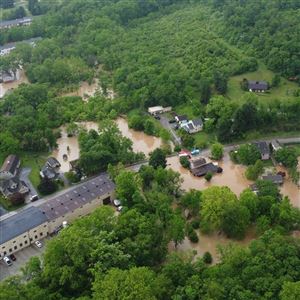 An aerial photo shows flooding in Export along Turtle Creek on Friday, June 6, 2025.