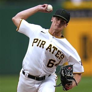 Pittsburgh Pirates starting pitcher Quinn Priester delivers during the second inning of his major league debut in a baseball game against the Cleveland Guardians in Pittsburgh, Monday, July 17, 2023. (AP Photo/Gene J. Puskar)